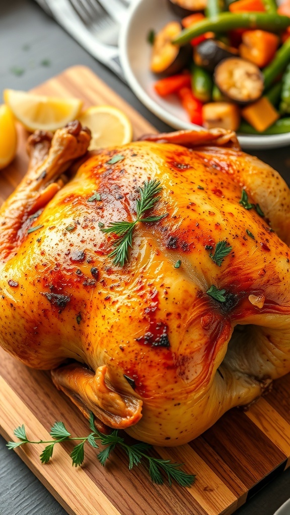 Crispy Air Fryer Whole Chicken Recipe A whole air-fried chicken with crispy skin, garnished with herbs and lemon, on a cutting board.